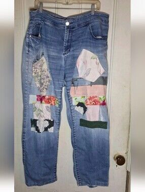 Elle Paris Upcycled Distressed Floral Patchwork Festival Denim Jeans Size 16 W